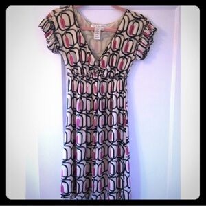 Max Studio Pink Geometric Print Babydoll Dress XS Ruffle Sleeve